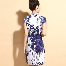 Load image into Gallery viewer, Cap Sleeve Floral Stretch Cotton Knee Length Cheongsam Chinese Dress
