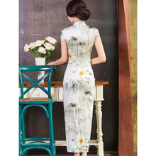 Load image into Gallery viewer, Lotus Pattern Real Silk Full Length Cheongsam Chinese Dress
