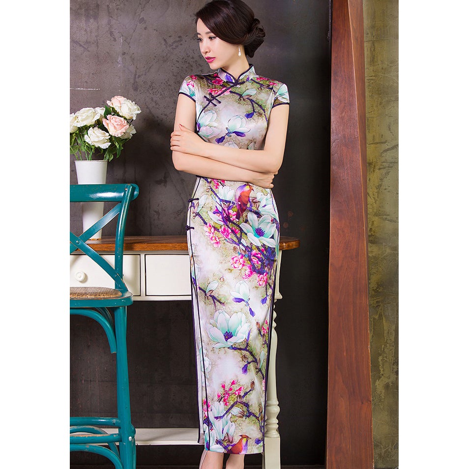 Magnolia Pattern Real Silk Full Length Cheongsam Chinese Dress