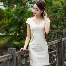 Load image into Gallery viewer, Floral Embroidery Fancy Cotton Knee Length Cheongsam Chinese Dress
