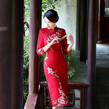 Load image into Gallery viewer, 3/4 Sleeve Floral Embroidery Tea Length Wool Cheongsam Chinese Dress
