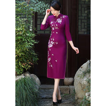 Load image into Gallery viewer, 3/4 Sleeve Floral Embroidery Tea Length Wool Cheongsam Chinese Dress
