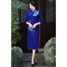 Load image into Gallery viewer, 3/4 Sleeve Floral Embroidery Tea Length Wool Cheongsam Chinese Dress
