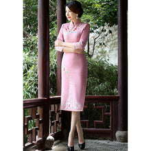 Load image into Gallery viewer, 3/4 Sleeve Floral Embroidery Tea Length Wool Cheongsam Chinese Dress
