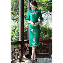 Load image into Gallery viewer, 3/4 Sleeve Floral Embroidery Tea Length Wool Cheongsam Chinese Dress
