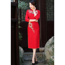 Load image into Gallery viewer, 3/4 Sleeve Floral Embroidery Tea Length Wool Cheongsam Chinese Dress
