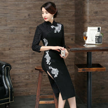 Load image into Gallery viewer, 3/4 Sleeve Lace Neck Tea Length Cheongsam Chinese Dress
