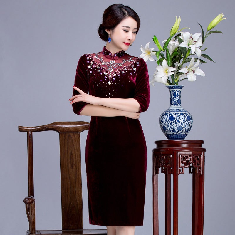 Illusion Neck with Rhinestones 3/4 Sleeve Velvet Cheongsam Chinese Dress