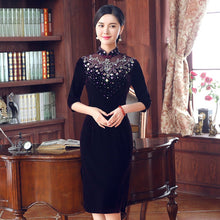 Load image into Gallery viewer, Illusion Neck with Rhinestones 3/4 Sleeve Velvet Cheongsam Chinese Dress
