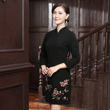 Load image into Gallery viewer, 3/4 Sleeve Floral Embroidery Thick Cotton Cheongsam Day Dress
