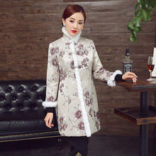 Load image into Gallery viewer, Chinese Style Long Floral Wadded Coat with Fur Edge
