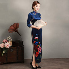 Load image into Gallery viewer, 3/4 Sleeve Floral Print Full Length Velvet Cheongsam Evening Dress
