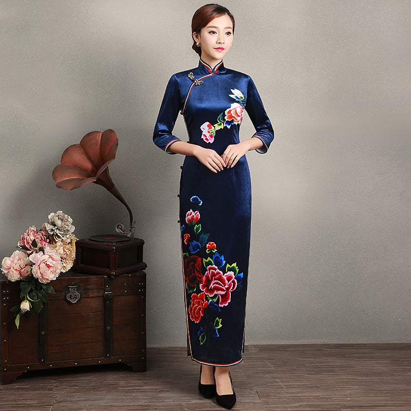 3/4 Sleeve Floral Print Full Length Velvet Cheongsam Evening Dress