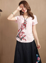 Load image into Gallery viewer, Wintersweet Embroidery Cap Sleeve Signature Cotton Chinese Style Blouse
