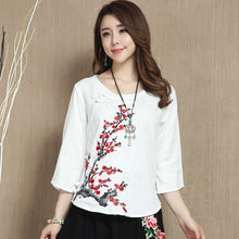 Load image into Gallery viewer, Wintersweet Embroidery 3/4 Sleeve Signature Cotton Chinese Style Blouse
