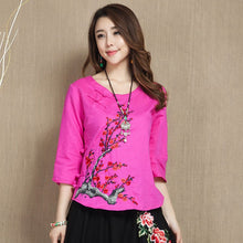 Muatkan imej ke dalam penonton Galeri, Wintersweet Embroidery 3/4 Sleeve Signature Cotton Chinese Style Blouse
