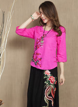 Muatkan imej ke dalam penonton Galeri, Wintersweet Embroidery 3/4 Sleeve Signature Cotton Chinese Style Blouse
