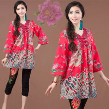 Load image into Gallery viewer, V Neck Mandarin Sleeve Floral Linen Traditional Chinese Blouse
