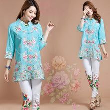 Load image into Gallery viewer, Floral Embroidery V Neck Mandarin Sleeve Traditional Chinese Blouse
