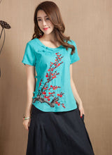 Muatkan imej ke dalam penonton Galeri, Wintersweet Embroidery Cap Sleeve Signature Cotton Chinese Style Blouse
