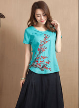 Load image into Gallery viewer, Wintersweet Embroidery Cap Sleeve Signature Cotton Chinese Style Blouse
