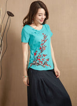 Muatkan imej ke dalam penonton Galeri, Wintersweet Embroidery Cap Sleeve Signature Cotton Chinese Style Blouse
