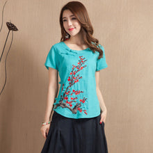 Load image into Gallery viewer, Wintersweet Embroidery Cap Sleeve Signature Cotton Chinese Style Blouse
