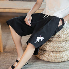 Load image into Gallery viewer, Crane Embroidery Linen Beach Pants Loose Pants Chinese Style Shorts
