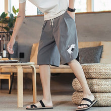 Load image into Gallery viewer, Crane Embroidery Linen Beach Pants Loose Pants Chinese Style Shorts
