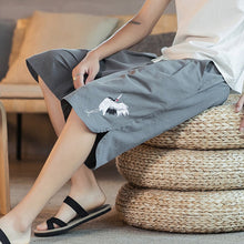 Load image into Gallery viewer, Crane Embroidery Linen Beach Pants Loose Pants Chinese Style Shorts
