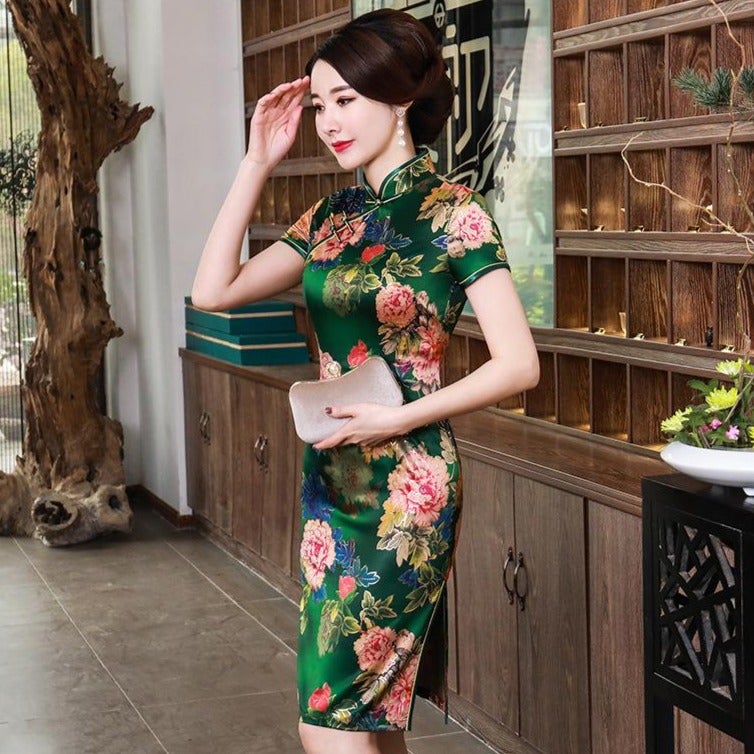 Plus Size Floral Silk Cheongsam Knee Length Chinese Dress Day Dress