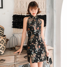 Muatkan imej ke dalam penonton Galeri, Halter Top Dragon &amp; Phoenix Pattern Brocade Mini Cheongsam Chic Chinese Dress
