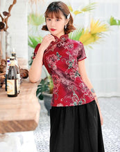 Load image into Gallery viewer, Short Sleeve Floral Silk Cheongsam Top Chic Chinese Shirt
