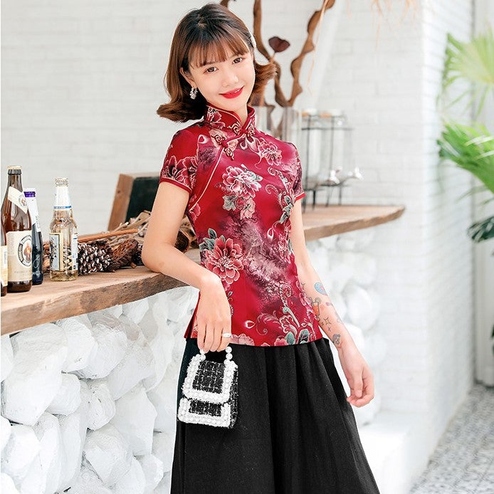 Short Sleeve Floral Silk Cheongsam Top Chic Chinese Shirt