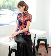 Load image into Gallery viewer, Short Sleeve Floral Silk Cheongsam Top Chic Chinese Shirt
