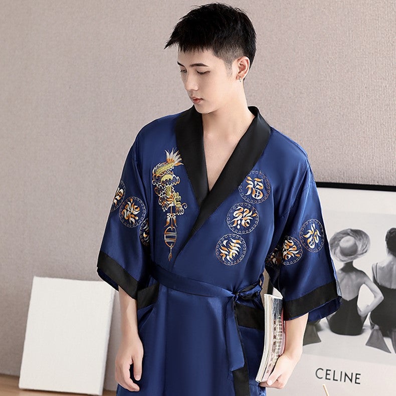 Dragon Embroidery Silk Blend Reversible Loungewear Sleepwear Bathrobe