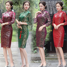 Load image into Gallery viewer, 3/4 Sleeve Knee Length Floral Velvet Cheongsam Chinese Dress
