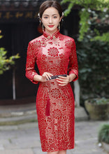 Load image into Gallery viewer, 3/4 Sleeve Knee Length Floral Velvet Cheongsam Chinese Dress
