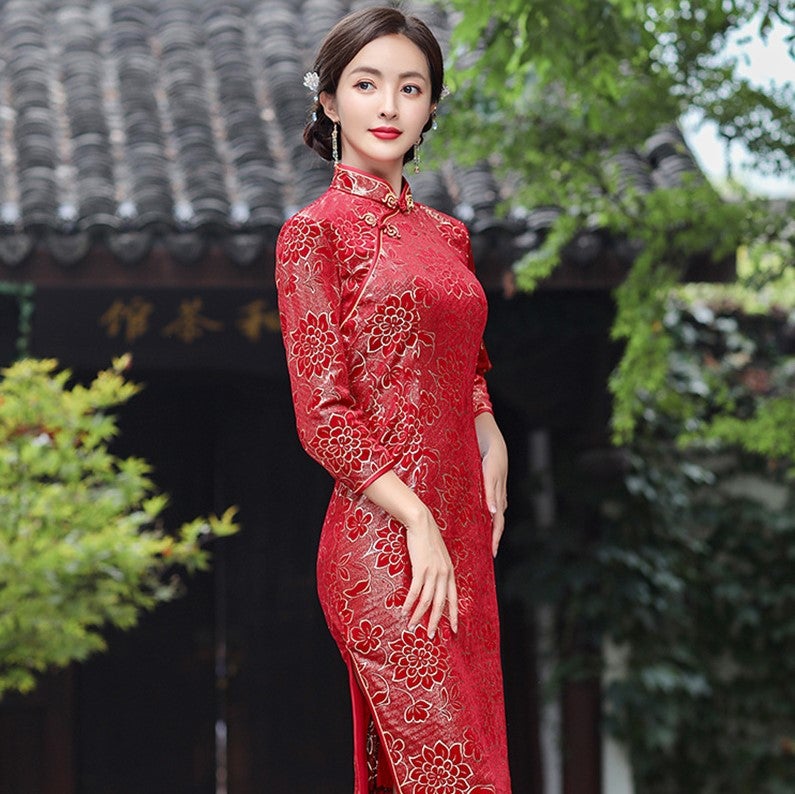 3/4 Sleeve Knee Length Floral Velvet Cheongsam Chinese Dress