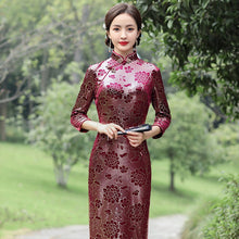 Load image into Gallery viewer, 3/4 Sleeve Knee Length Floral Velvet Cheongsam Chinese Dress
