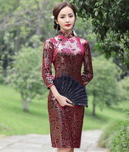 Load image into Gallery viewer, 3/4 Sleeve Knee Length Floral Velvet Cheongsam Chinese Dress
