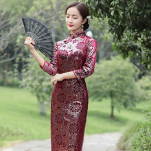 Load image into Gallery viewer, 3/4 Sleeve Knee Length Floral Velvet Cheongsam Chinese Dress
