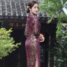 Load image into Gallery viewer, 3/4 Sleeve Knee Length Floral Velvet Cheongsam Chinese Dress
