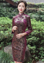 Load image into Gallery viewer, 3/4 Sleeve Knee Length Floral Velvet Cheongsam Chinese Dress
