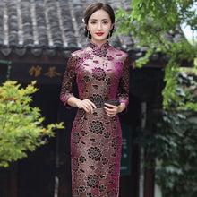 Load image into Gallery viewer, 3/4 Sleeve Knee Length Floral Velvet Cheongsam Chinese Dress
