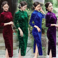 Load image into Gallery viewer, Bamboo Leaves Pattern 3/4 Sleeve Tea Length Velvet Cheongsam Chinese Dress
