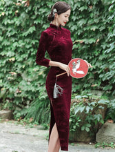 Load image into Gallery viewer, Bamboo Leaves Pattern 3/4 Sleeve Tea Length Velvet Cheongsam Chinese Dress
