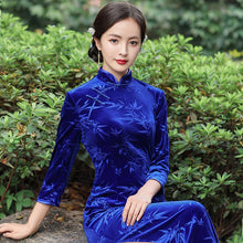 Load image into Gallery viewer, Bamboo Leaves Pattern 3/4 Sleeve Tea Length Velvet Cheongsam Chinese Dress
