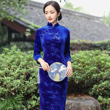 Load image into Gallery viewer, Bamboo Leaves Pattern 3/4 Sleeve Tea Length Velvet Cheongsam Chinese Dress
