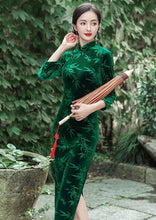 Load image into Gallery viewer, Bamboo Leaves Pattern 3/4 Sleeve Tea Length Velvet Cheongsam Chinese Dress
